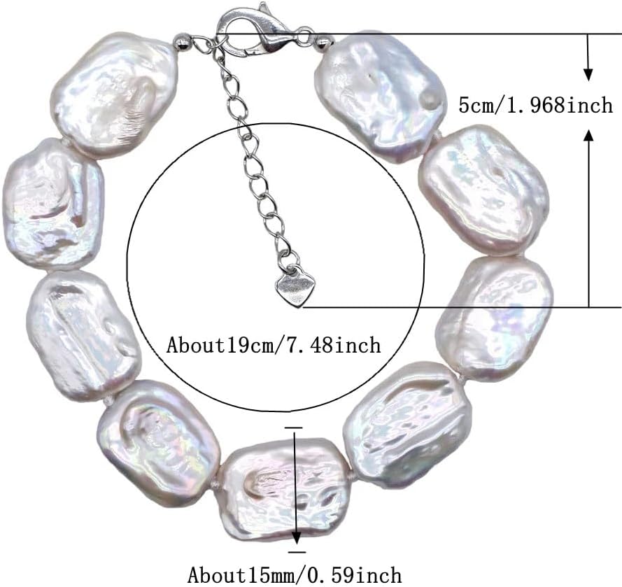 Natural Freshwater Baroque Pearl Bracelet, White Rectangular Pearls, Adjustable Chain