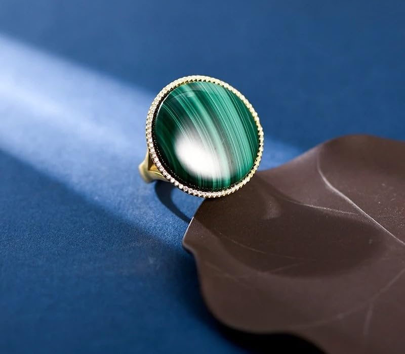 Vintage Malachite Ring, 925 Sterling Silver Gold Plated, Round Gemstone, Zircon Accent, Luxury Statement Ring for Women