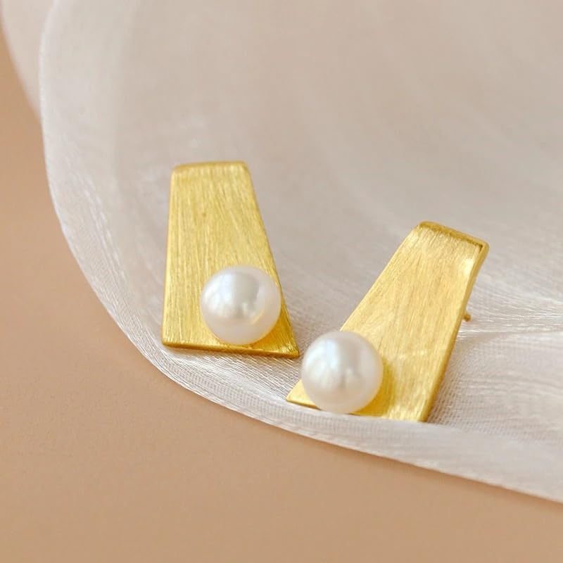925 Sterling Silver Pearl Earrings, 18K Gold Plated Geometric Studs with Natural Freshwater Pearls, Modern Statement Jewelry