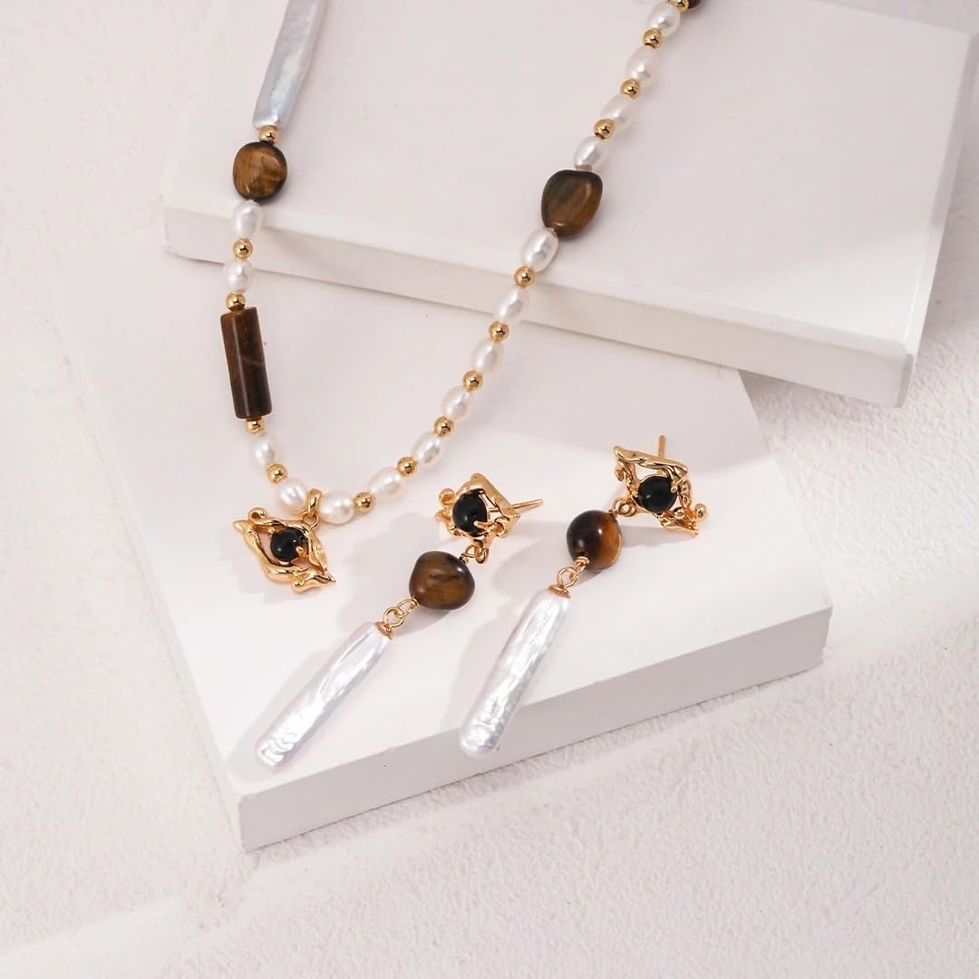Onyx Tiger's Eye Stone 925 Silver Baroque Pearl Long Bar Earrings