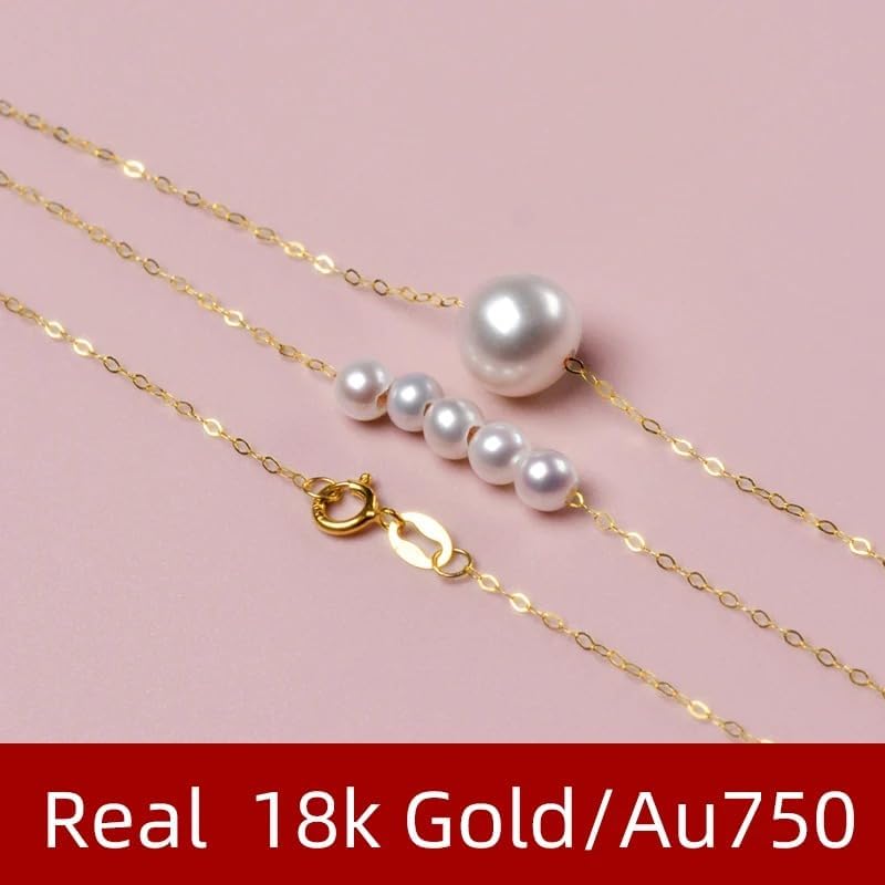 Natural White Round Akoya Pearl Real 18K Gold Necklace For Women