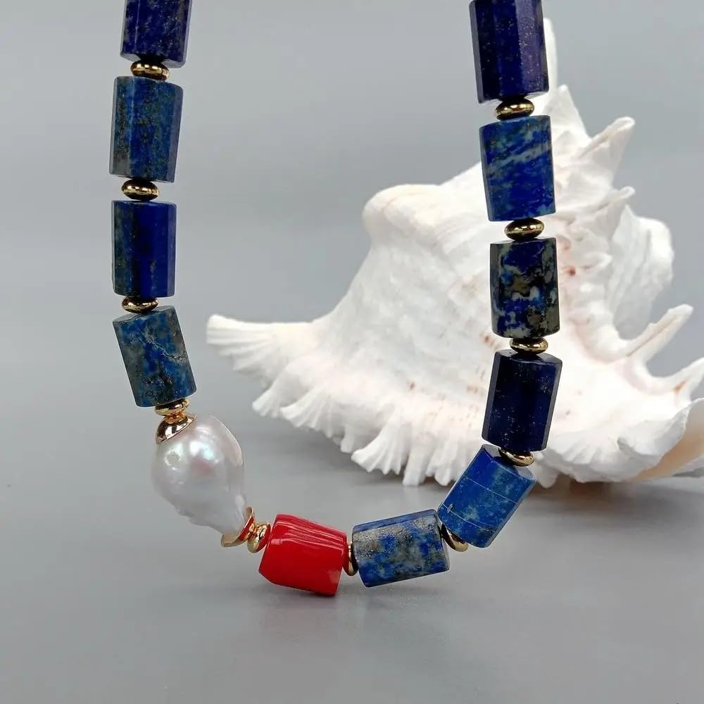 Natural Lapis Lazuli Necklace with Red Coral and Baroque Pearl, Blue Stone Beaded Jewelry
