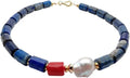 Natural Lapis Lazuli Necklace with Red Coral and Baroque Pearl, Blue Stone Beaded Jewelry