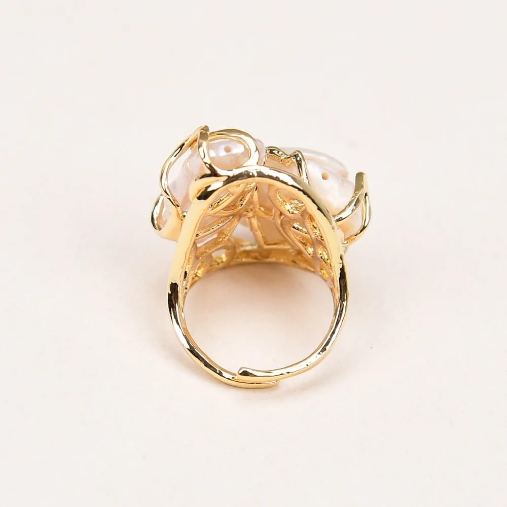 Natural Keshi Biwa Pearl Ring, Gold Plated Adjustable Band, White