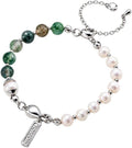 Pearl Moss Agate S925 Silver Beaded Charm Bracelet 24cm