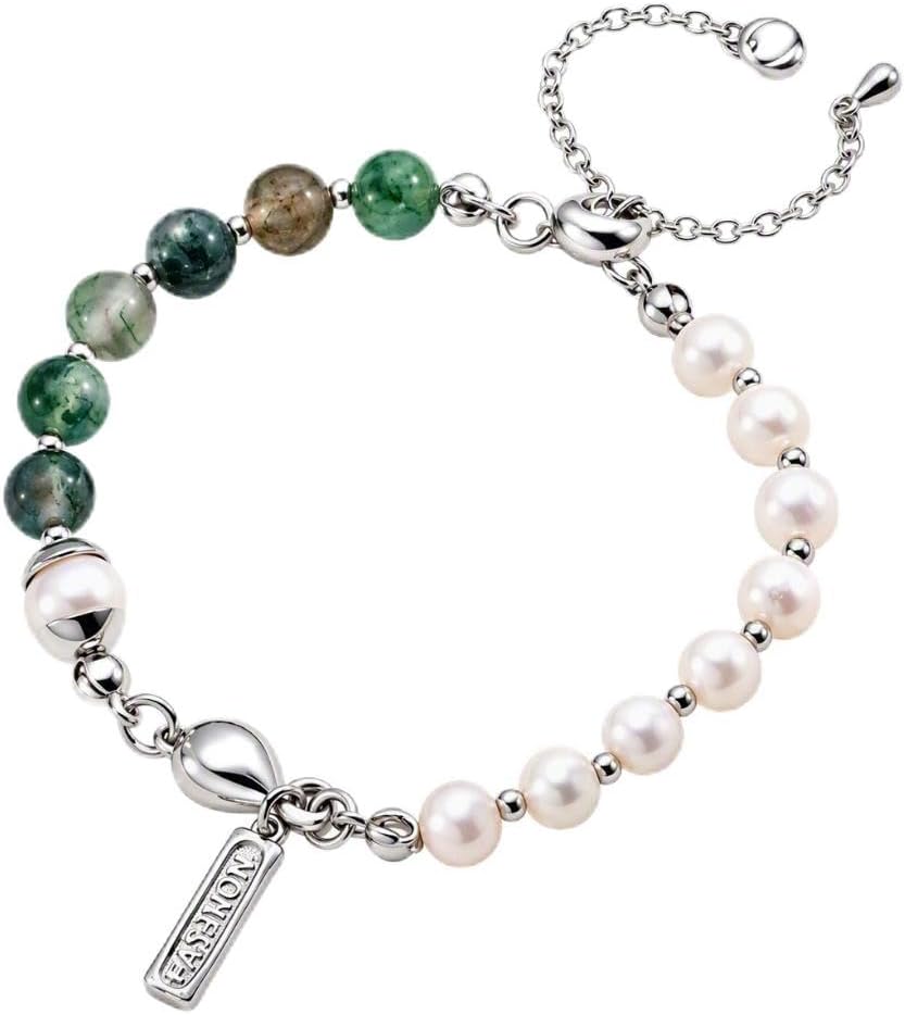 Pearl Moss Agate S925 Silver Beaded Charm Bracelet 24cm