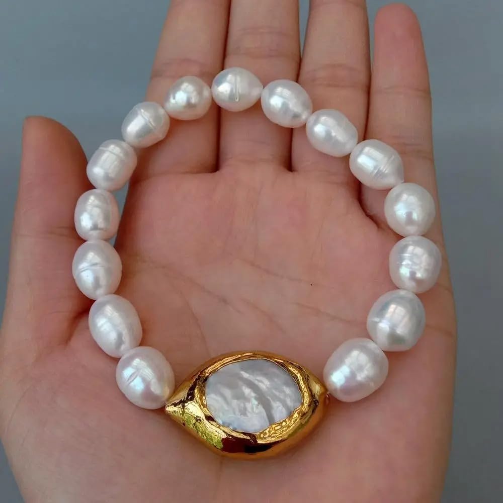 Natural White Rice Pearl Bracelet with Gold Plated Keshi Pearl Accent, Elastic