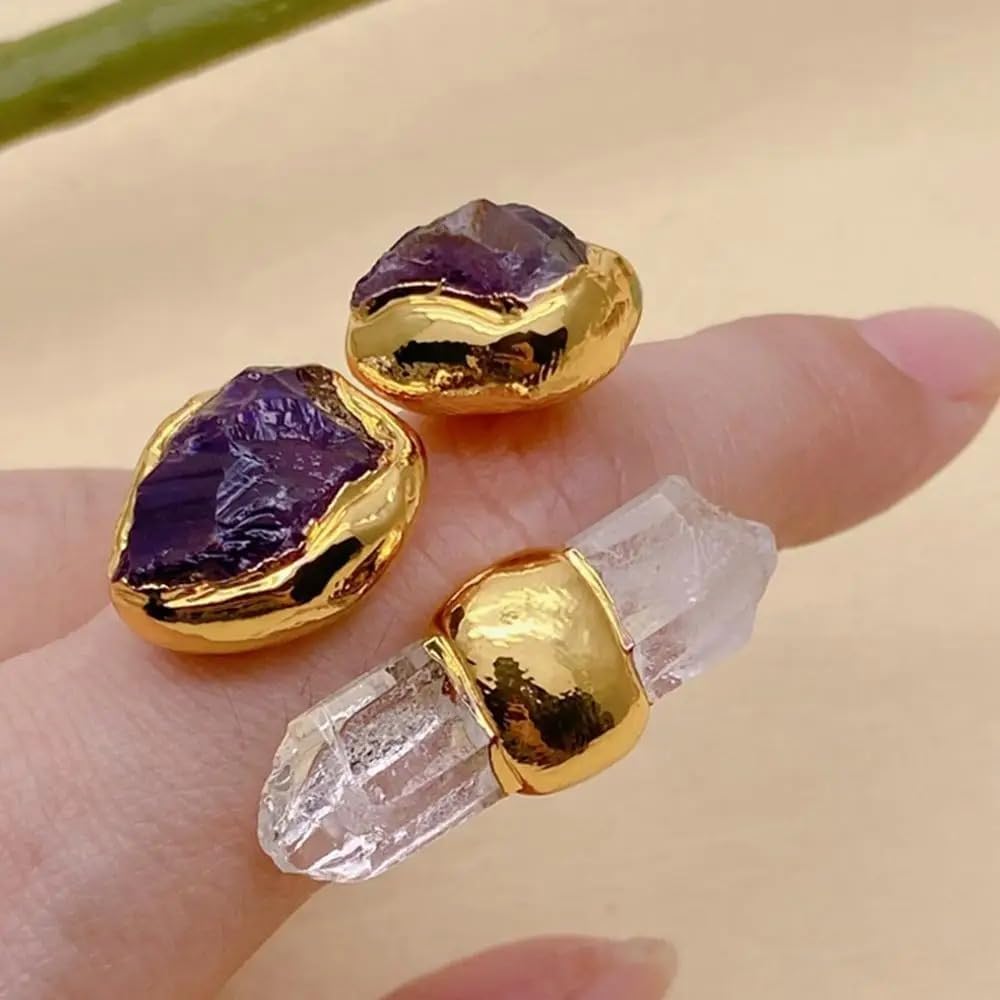 Handcrafted Natural Stone Ring, Gold Plated Amethyst and Quartz Crystal, 13x34mm, Adjustable Designer Statement Jewelry