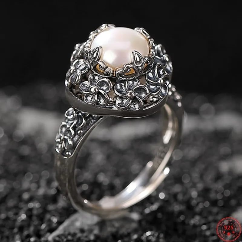 Generic 925 Sterling Silver Round Freshwater Pearl Vintage Hollowed Out Flowers Ring