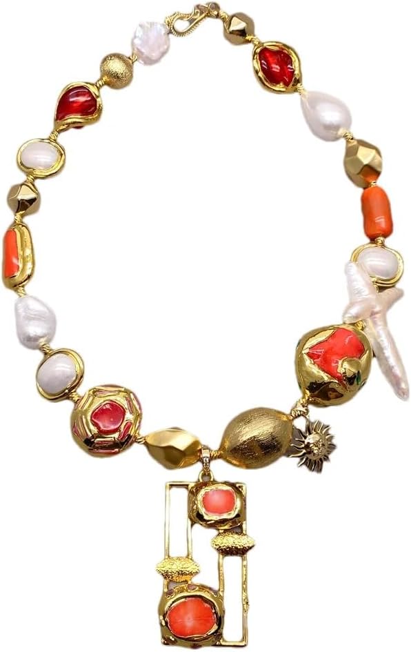 Vintage Baroque Pearl Mixed Gemstone Beaded Necklace Gold Plated