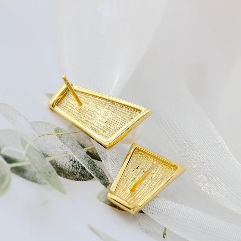 925 Sterling Silver Pearl Earrings, 18K Gold Plated Geometric Studs with Natural Freshwater Pearls, Modern Statement Jewelry