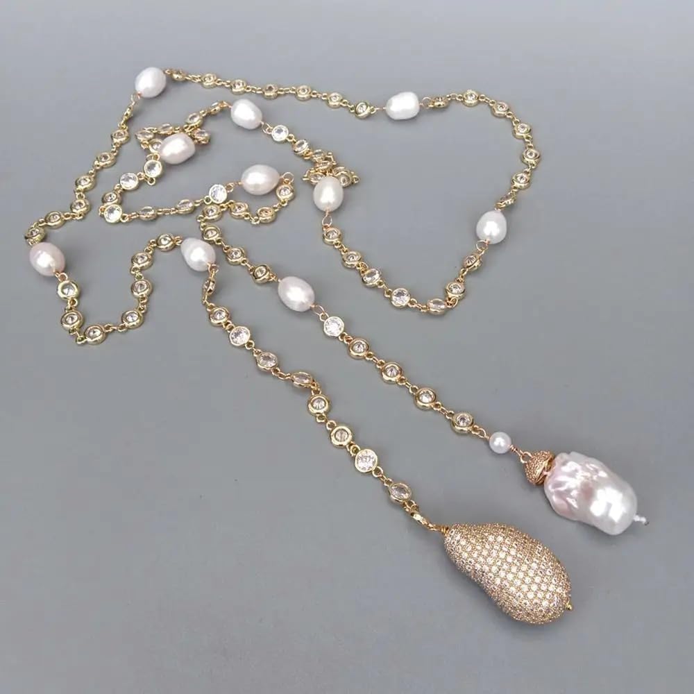 White Baroque Pearl CZ Pave Rosary Chain Long Necklace