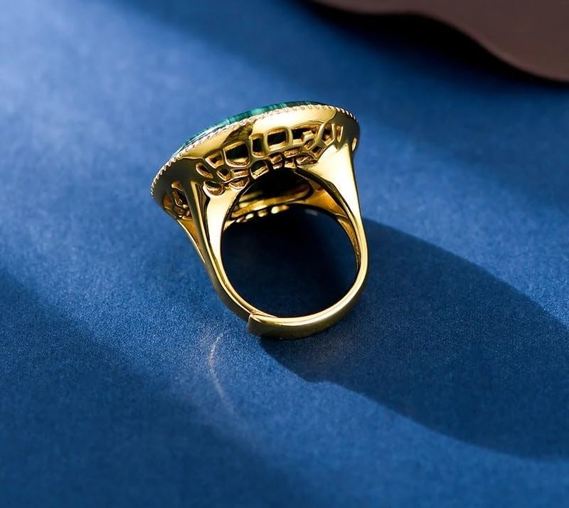 Vintage Malachite Ring, 925 Sterling Silver Gold Plated, Round Gemstone, Zircon Accent, Luxury Statement Ring for Women
