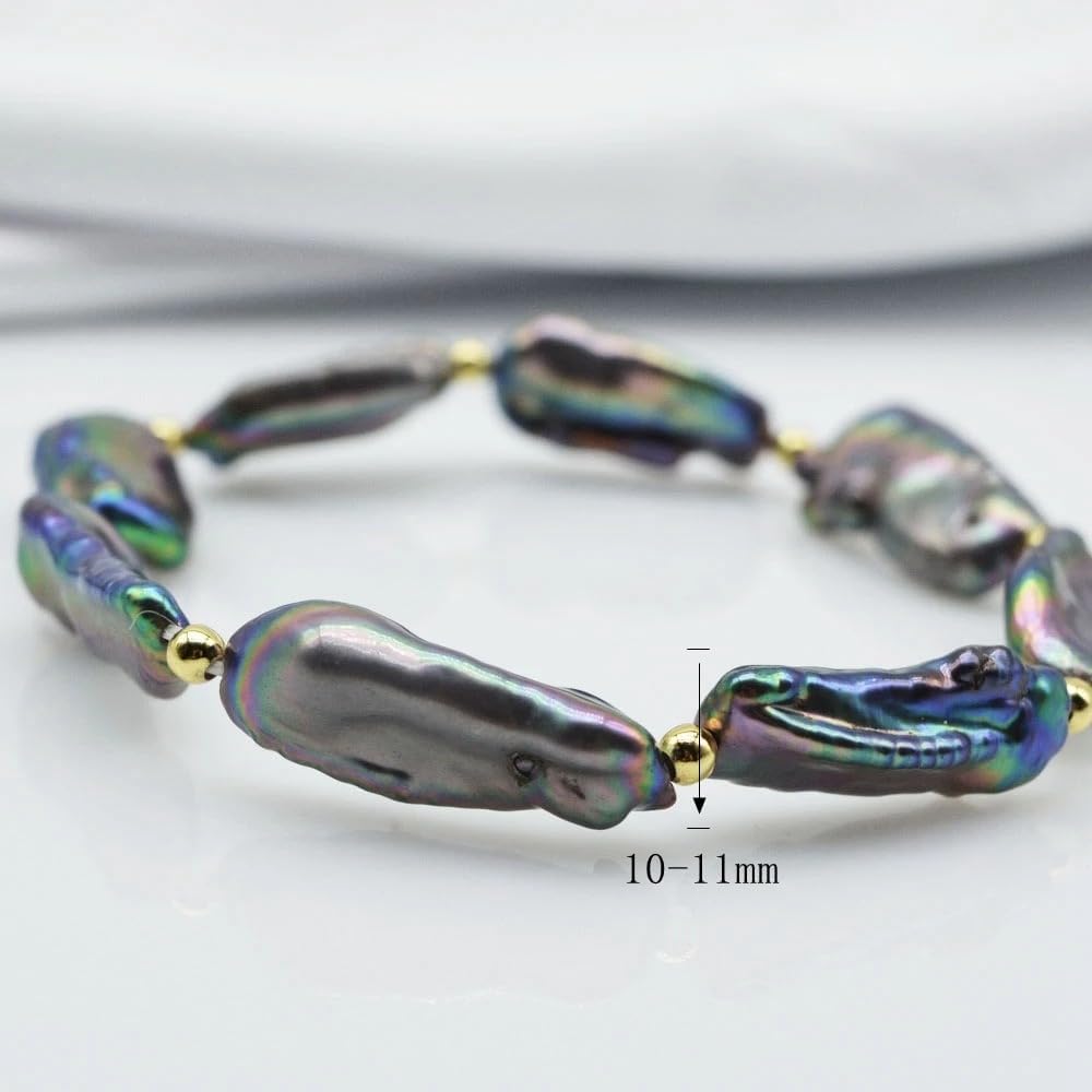 Genuine Black Baroque Freshwater Pearl Stretch Bracelet, Multicolor Iridescent
