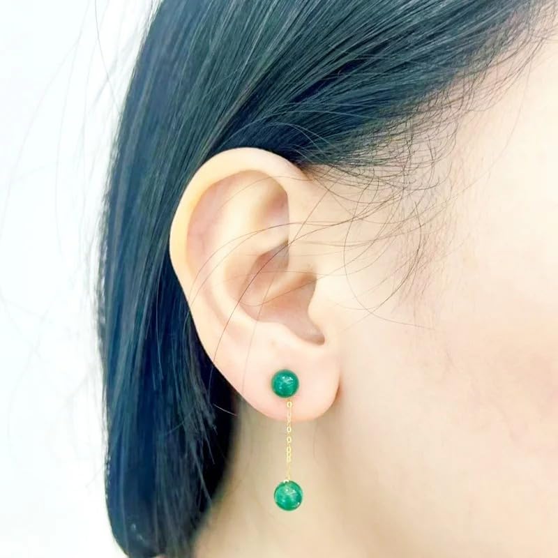 Zhixi 18K Yellow Gold Drop Earrings, Green Agate Round Beads, 5-6MM, Long Chain, Fashion Wedding Party Gift for Women