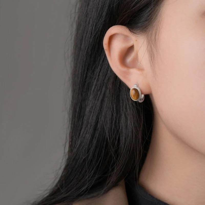 Natural Oval Tiger's Eye Stone 925 Sterling Silver Huggie Hoop Earrings
