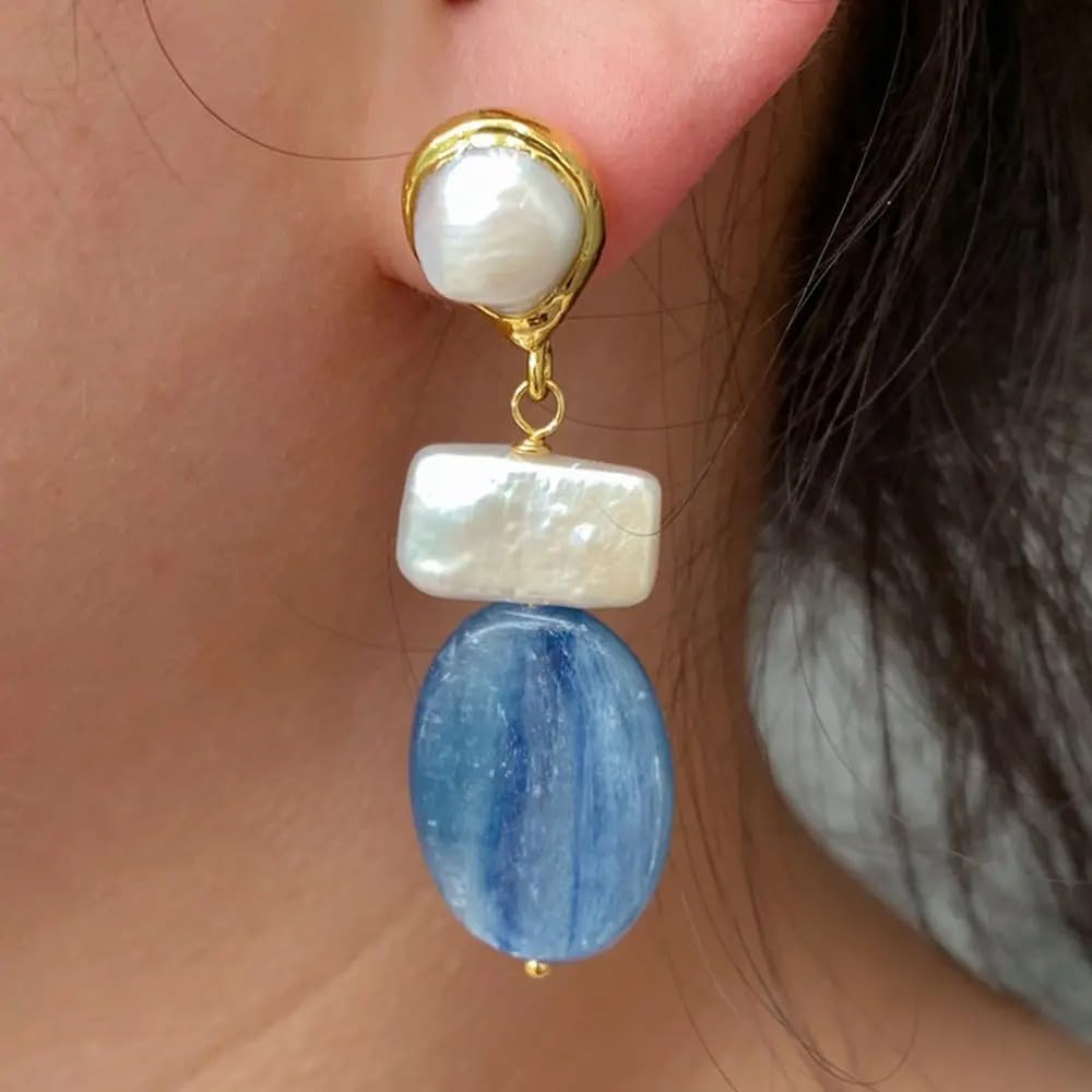 Blue Kyanite Cultured White Biwa Pearl Geometric Dangle Earrings