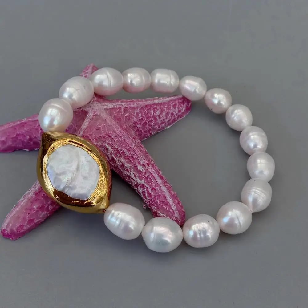Natural White Rice Pearl Bracelet with Gold Plated Keshi Pearl Accent, Elastic