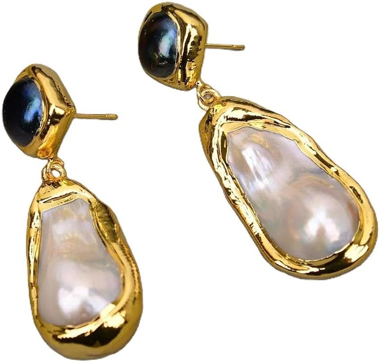 Elegant Baroque Pearl Drop Earrings, Gold-Plated with Black Pearl Studs, Freshwater Cultured White Pearl Dangle Design