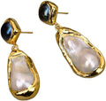 Elegant Baroque Pearl Drop Earrings, Gold-Plated with Black Pearl Studs, Freshwater Cultured White Pearl Dangle Design