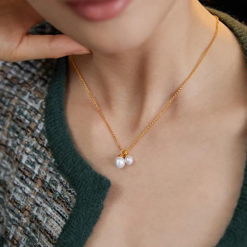 925 Sterling Silver Gold Plated White Pearl Charm Pendant Necklace
