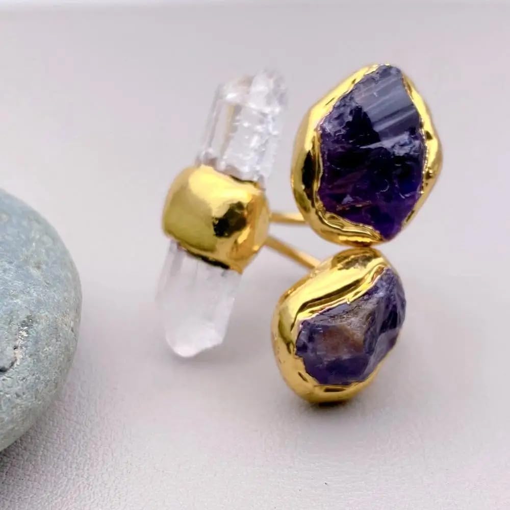 Handcrafted Natural Stone Ring, Gold Plated Amethyst and Quartz Crystal, 13x34mm, Adjustable Designer Statement Jewelry