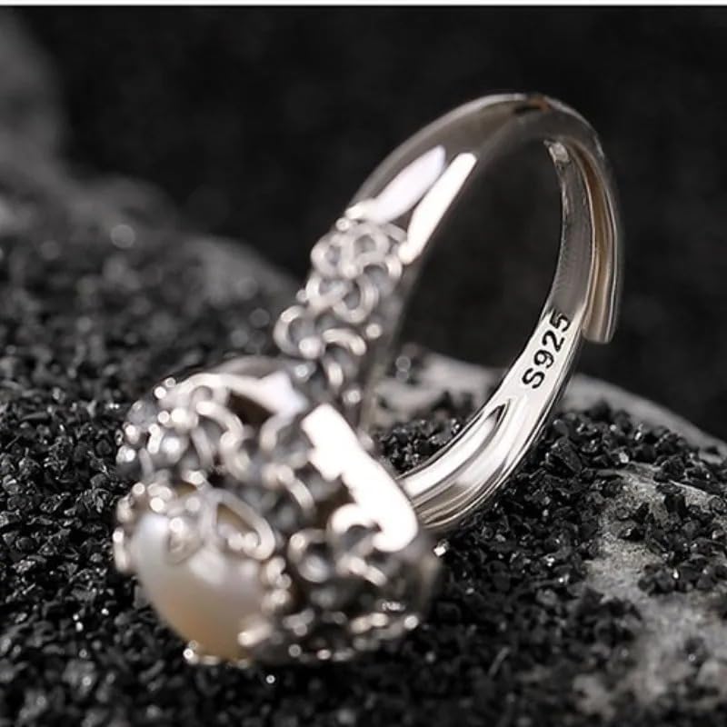 Generic 925 Sterling Silver Round Freshwater Pearl Vintage Hollowed Out Flowers Ring