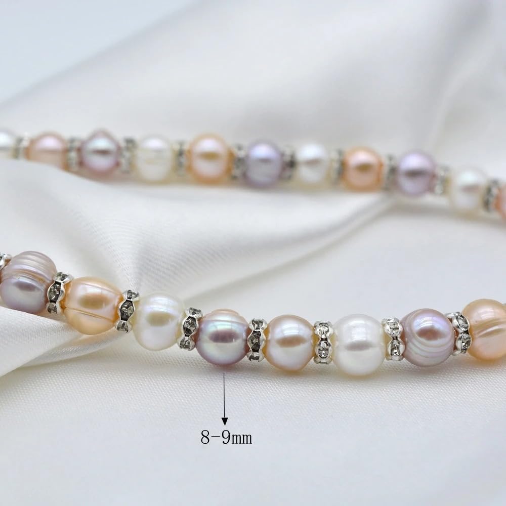 Freshwater Pearl Necklace with Cubic Zirconia, Natural Rainbow Multicolor Round Pearls, Classic Style