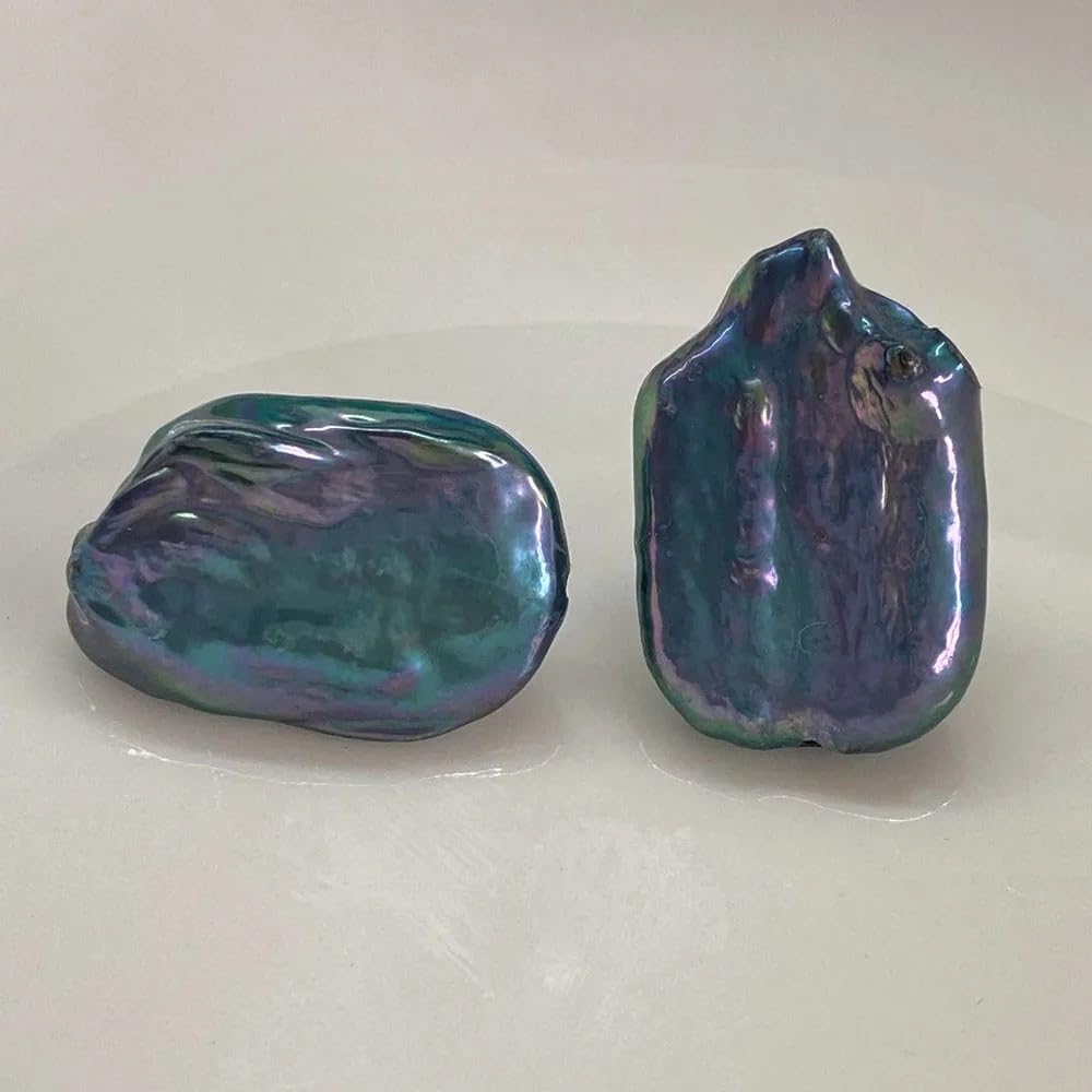 Natural Freshwater Pearl Stud Earrings, Baroque Irregular Rectangle Shape, Peacock Blue Black, 15x22mm