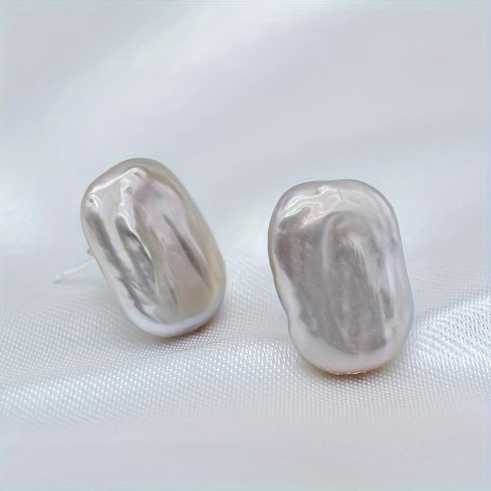 Natural Baroque Pearl Stud Earrings, White Rectangular Shape, Fashion Jewelry for Women
