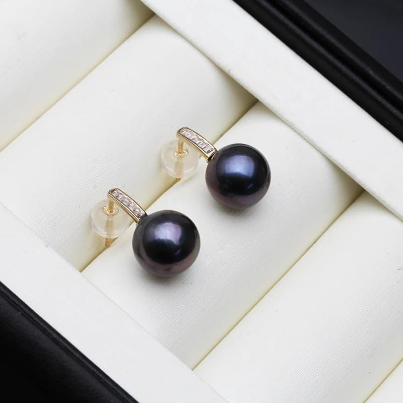 Tahitian Black Pearl Stud Earrings for Women, Real 14K Yellow Gold, Wedding Pearl Earrings