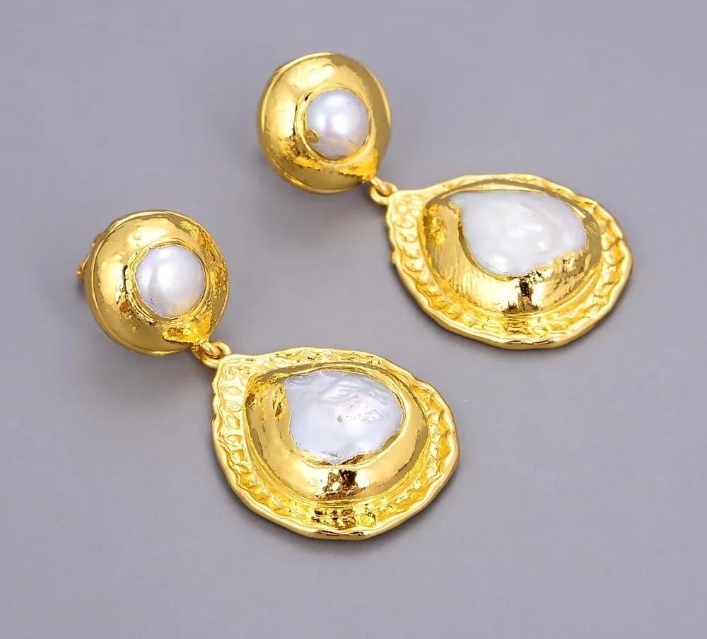 Elegant Gold Plated Natural White Keshi Pearl Teardrop Dangle Earrings, Coin-Shaped Pearl Statement Jewelry
