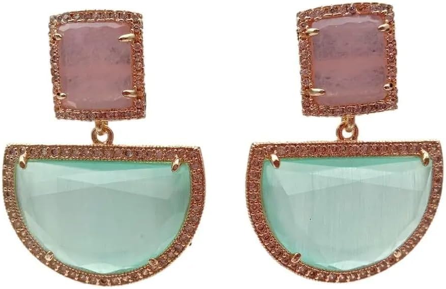 Elegant Geometric Dangle Earrings, Rose Gold Plated, Green and Pink Cat Eye, Semi-Circle Design, 8x26mm, Fashion Statement Jewelry