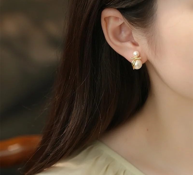 Shell Pearl Duo Sphere 925 Sterling Silver Bowknot Stud Earrings