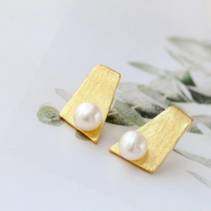 925 Sterling Silver Pearl Earrings, 18K Gold Plated Geometric Studs with Natural Freshwater Pearls, Modern Statement Jewelry