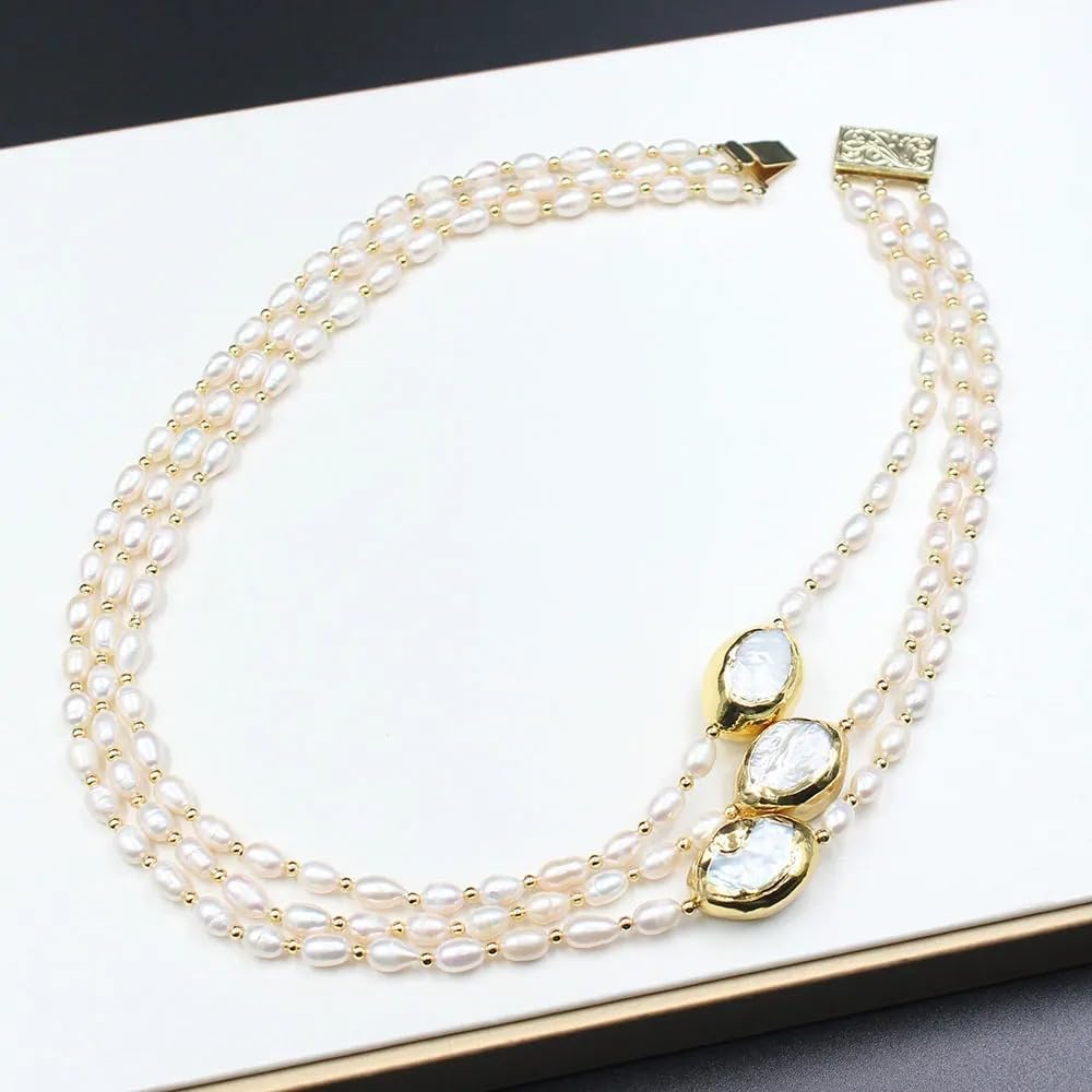 3-Row Cultured Rice Pearl Necklace with Keshi Pearl and Gold Plated Connector, White Choker