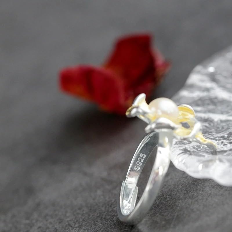 Natural Freshwater Pearl 925 Sterling Silver Ring with 18K Gold Plated Flower Design, Adjustable Open Ring