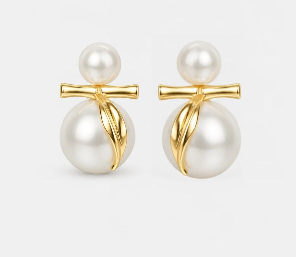 Shell Pearl Duo Sphere 925 Sterling Silver Bowknot Stud Earrings