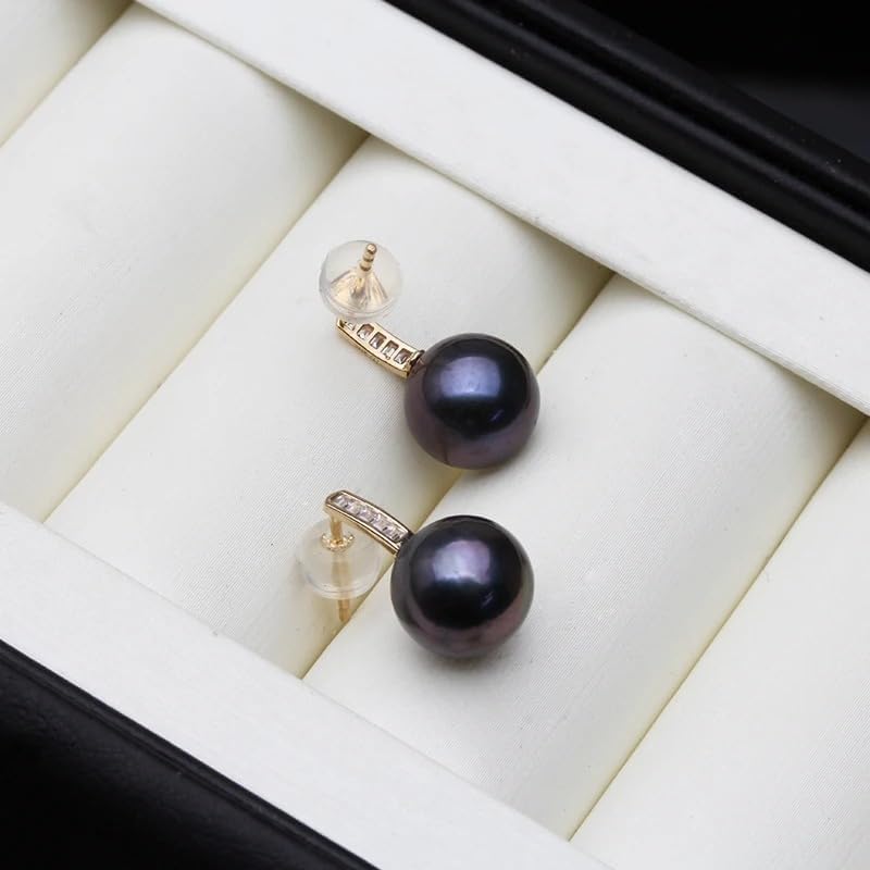 Tahitian Black Pearl Stud Earrings for Women, Real 14K Yellow Gold, Wedding Pearl Earrings
