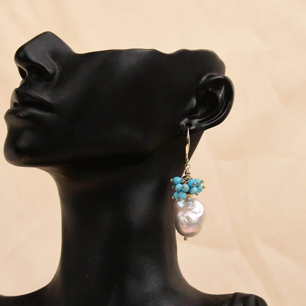 Baroque Pearl and Turquoise Drop Earrings, White Keshi Cultured Pearls with Blue Beads, Gold-Colored Hook Design