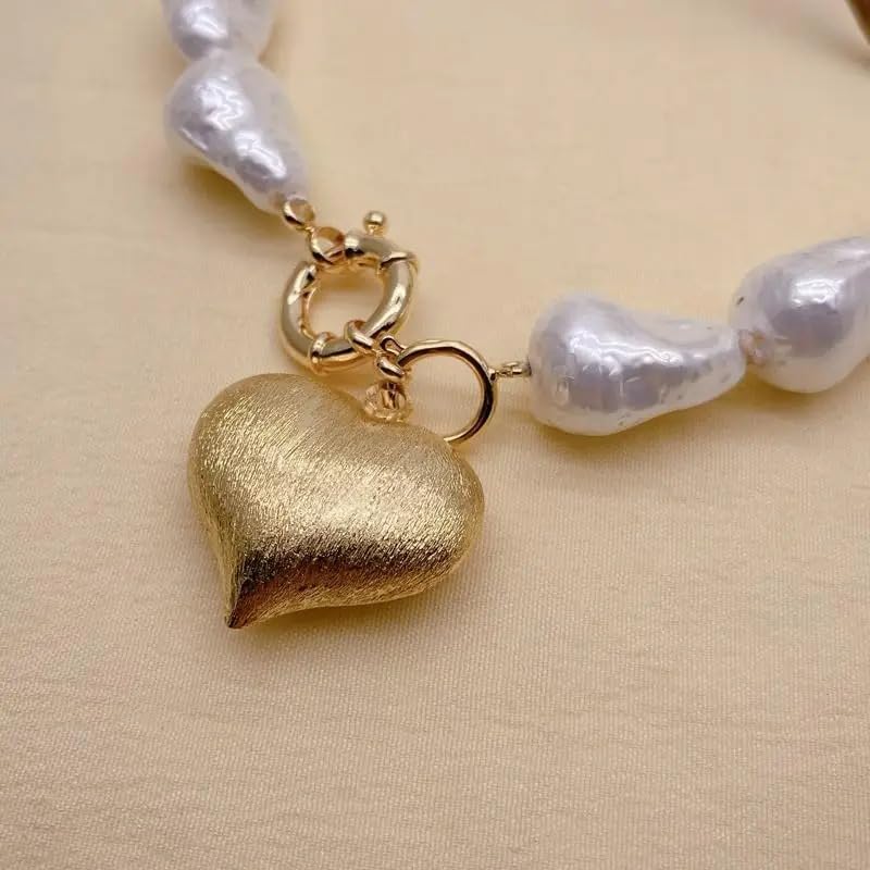 Baroque White Sea Shell Pearl Necklace with Brushed Gold Heart Pendant, 15x22mm Pearls, 30x26mm Pendant