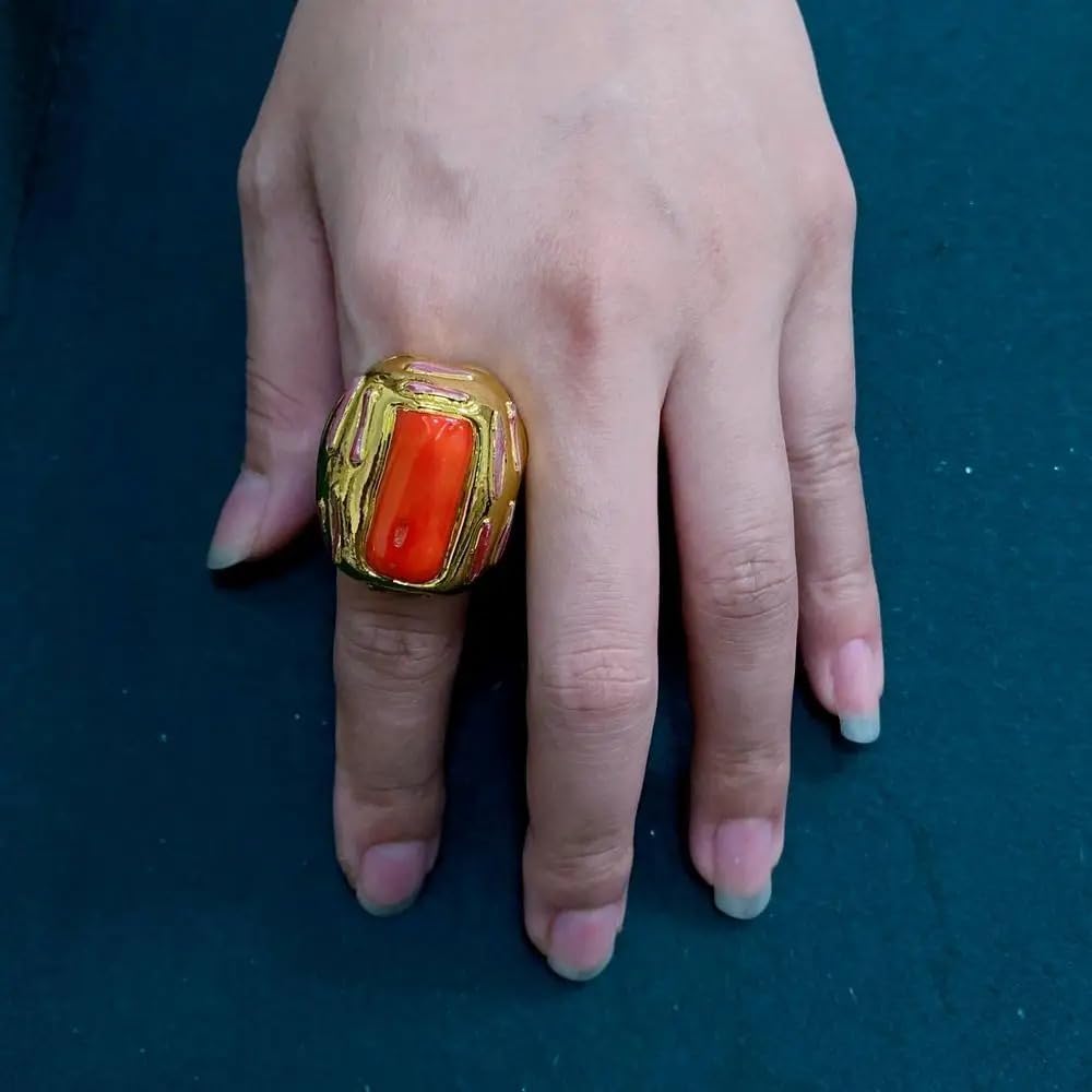 Big Orange Coral Adjustable Ring 24x28mm Gold Plated Fashion Ring | Anniversary Jewelry, Gold Plated Finish, Adjustable Band, 24x28mm Size