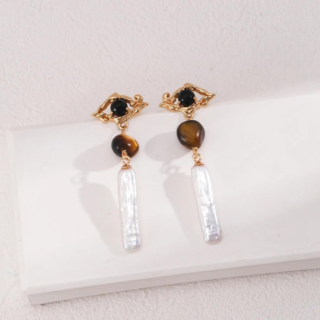 Onyx Tiger's Eye Stone 925 Silver Baroque Pearl Long Bar Earrings