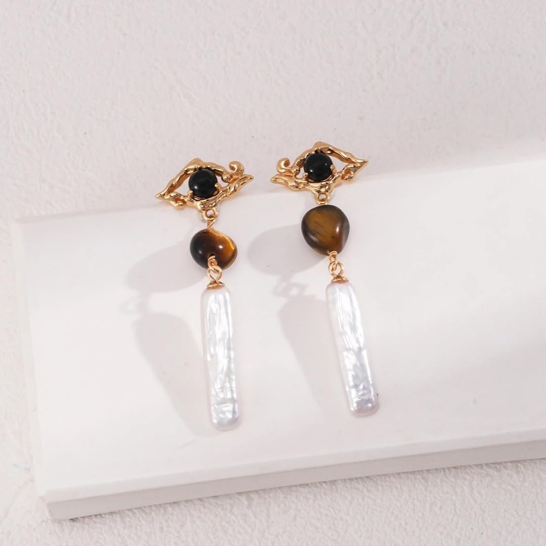 Onyx Tiger's Eye Stone 925 Silver Baroque Pearl Long Bar Earrings