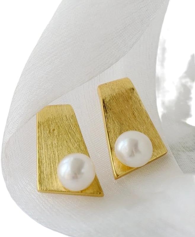 925 Sterling Silver Pearl Earrings, 18K Gold Plated Geometric Studs with Natural Freshwater Pearls, Modern Statement Jewelry