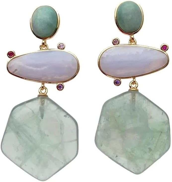23x25mm Hexagon Shape Green Amethyst prasiolite Amazonite Lace Agate Dangle Stud Earrings