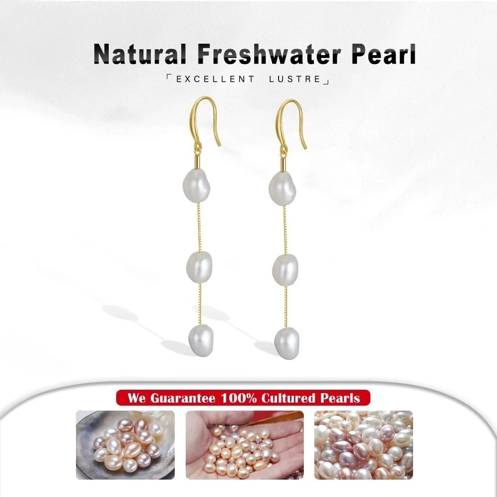 Sterling Silver Baroque Pearl Drop Earrings, Long Chain, 925 Silver