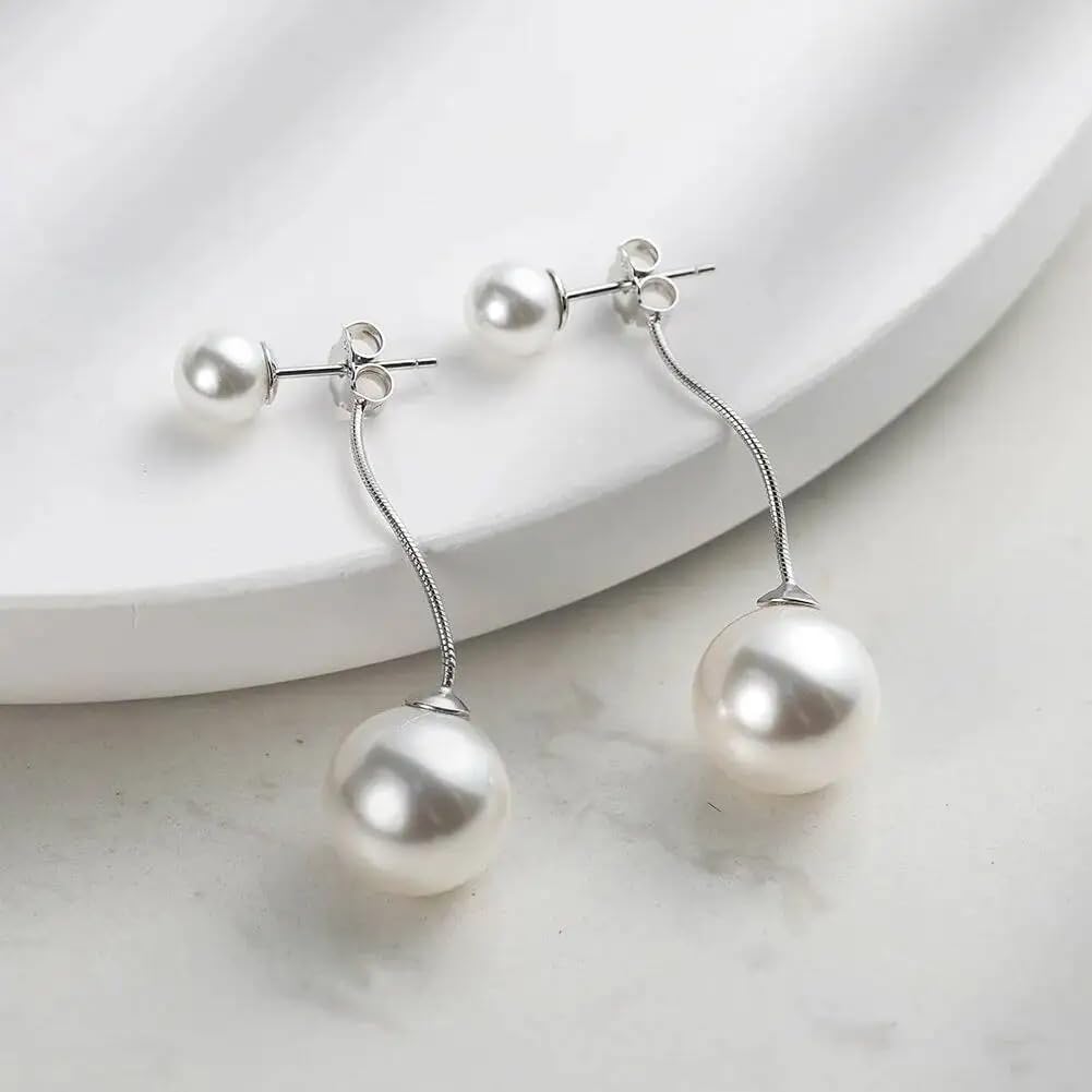 925 Sterling Silver Double Shell Pearl Platinum Plated Stud Earrings
