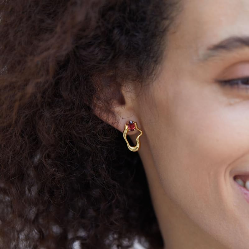 Natural Garnet S925 Silver Gold Plated Earrings For Women Irregular Geometric Unique Design Cute Chic Stud Earring