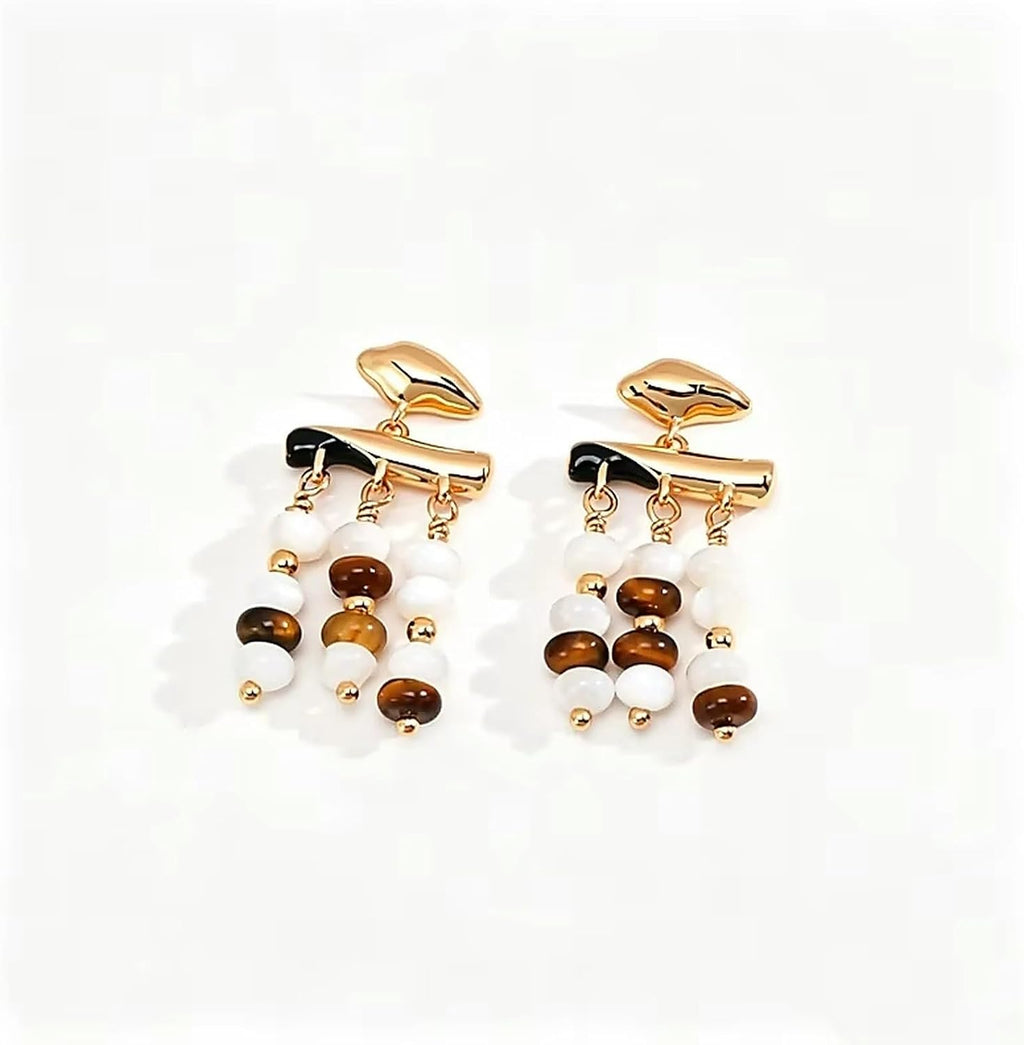 S925 Silver Tiger's Eye Stone Mother of Pearl Tri Tassels Drop Earrings